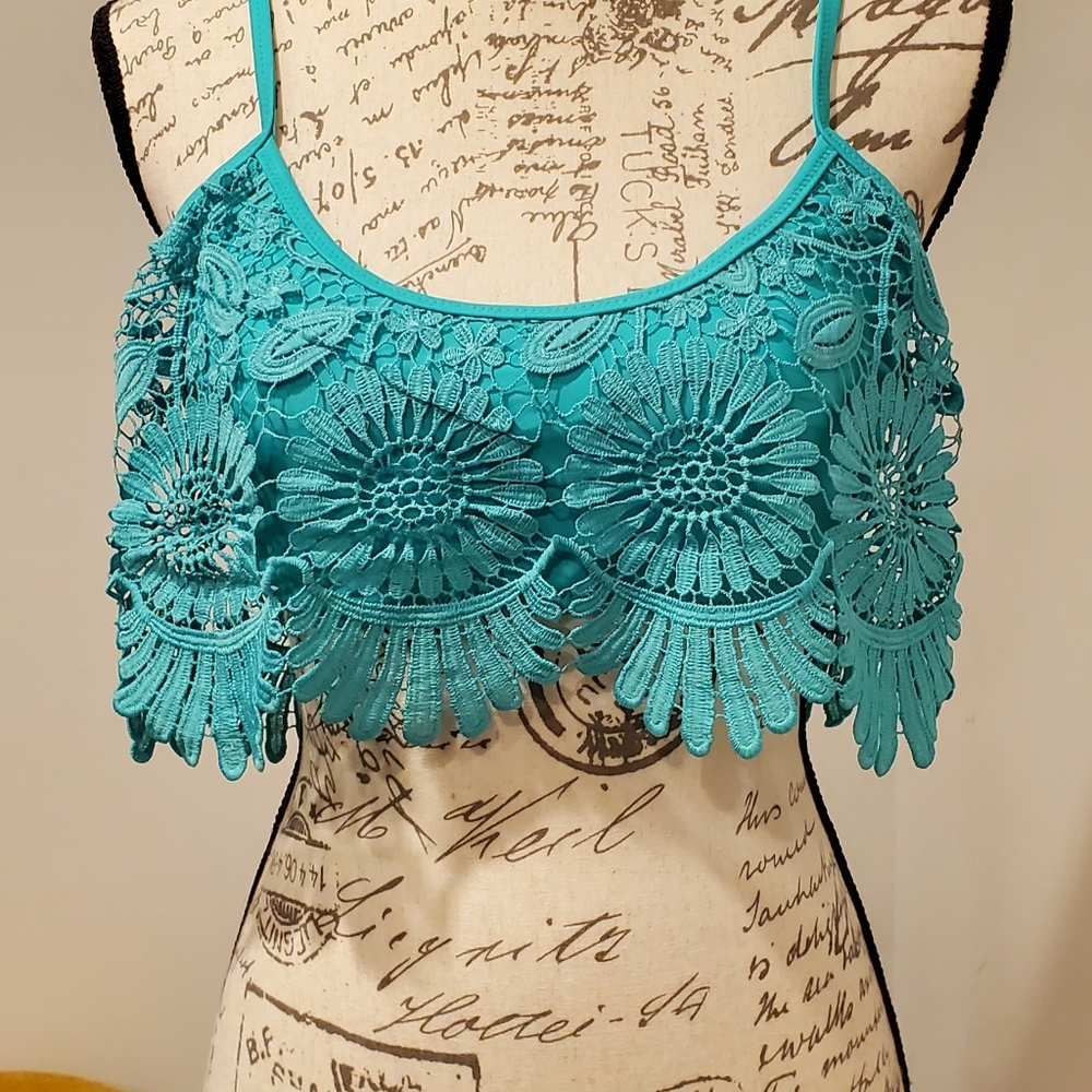 Jessica Simpson Blue Embellished Swimware Top, Size M.